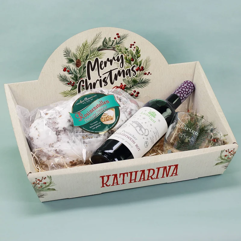 Geschenkkorb - Weihnachtskranz - mit Glühwein, Stollen und graviertem Glas