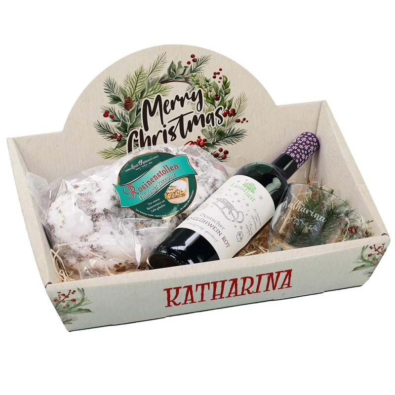 Geschenkkorb - Weihnachtskranz - mit Glühwein, Stollen und graviertem Glas