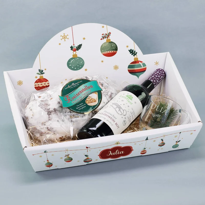 Geschenkkorb - Christbaumkugeln - mit Glühwein, Stollen und graviertem Glas