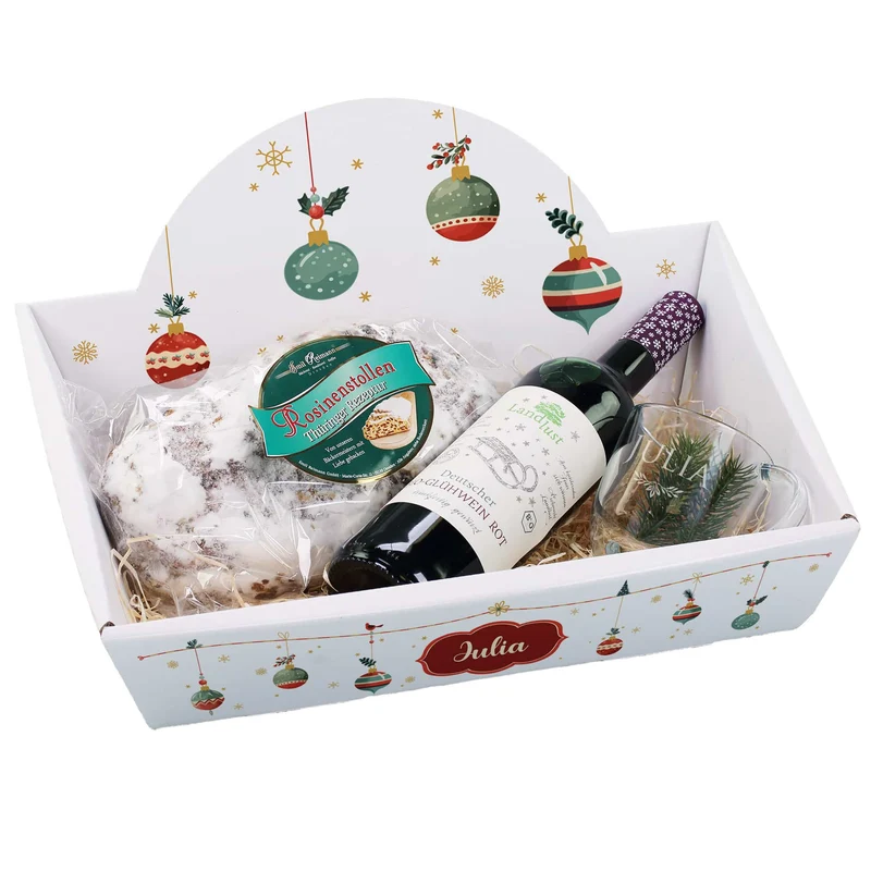 Geschenkkorb - Christbaumkugeln - mit Glühwein, Stollen und graviertem Glas
