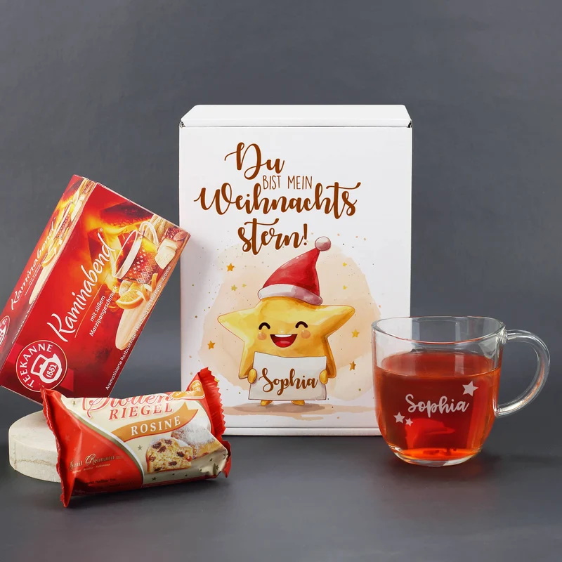 Du bist mein Weihnachtsstern! - Niedliches Geschenkset mit Stollenrigel, Teekanne Tee und Name pers