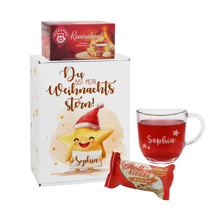 Du bist mein Weihnachtsstern! - Niedliches Geschenkset mit Stollenrigel, Teekanne Tee und Name pers