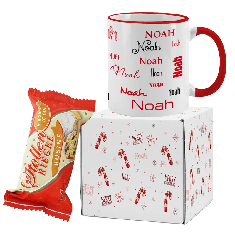 Geschenkset mit personalisierter Tasse und kleinen Christstollen mit weihnachtlichen Zuckerstangen-M