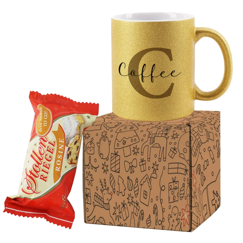 Geschenkset mit weihnachtlichen Doodle als Motiv, eine personalisierte Tasse und ein kleiner Stollen