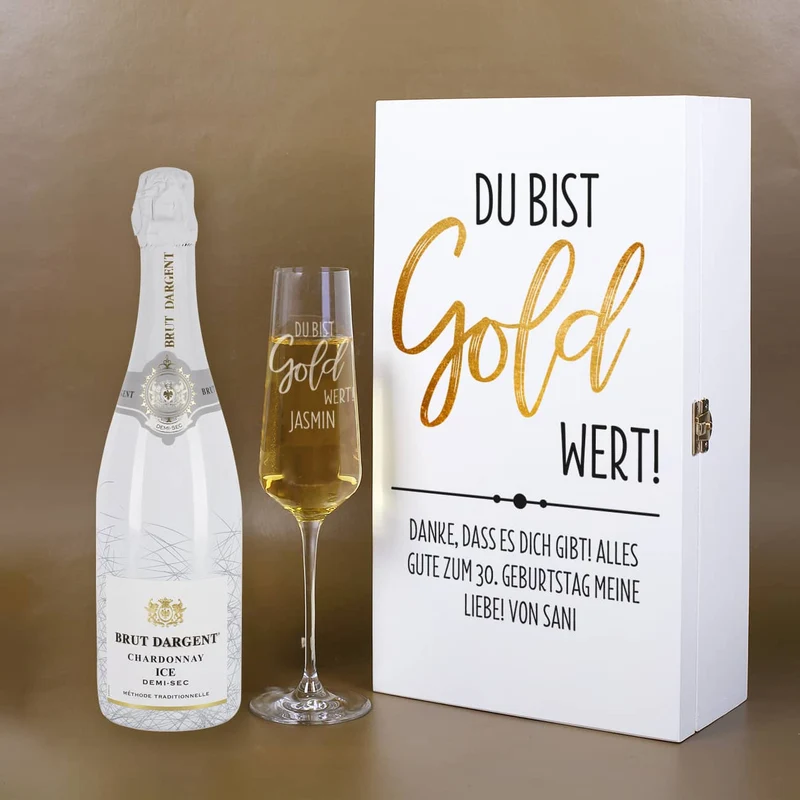 Du bist Gold wert! - Geschenkset mit Sekt, Geschenkkiste aus Holz und Sektglas