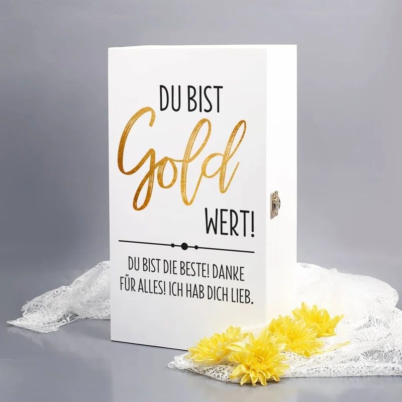 Du bist Gold wert! - Geschenkset mit Sekt, Geschenkkiste aus Holz und Sektglas