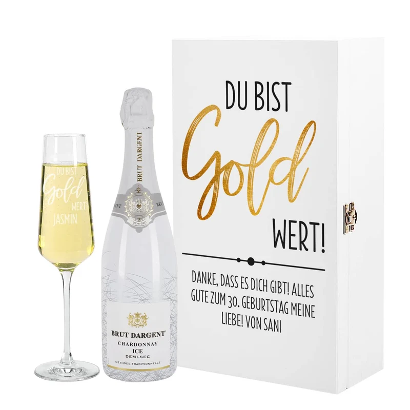 Du bist Gold wert! - Geschenkset mit Sekt, Geschenkkiste aus Holz und Sektglas