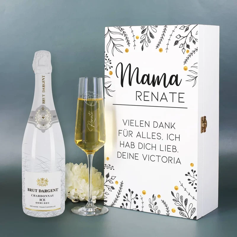 Geschenkset zum Muttertag mit Flasche Sekt, Sektglas und Holzbox