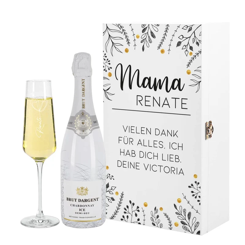 Geschenkset zum Muttertag mit Flasche Sekt, Sektglas und Holzbox