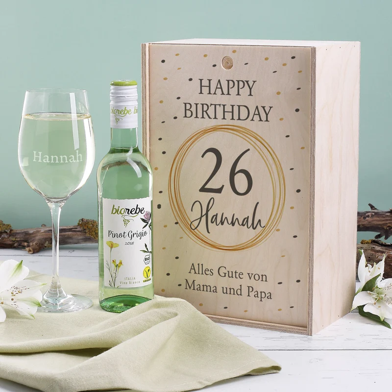 Geburtstagsset mit graviertem Glas, Wein und bedruckter Box