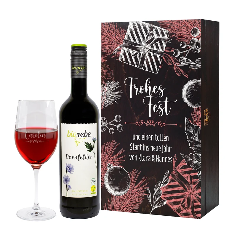 Frohes Fest - Biorebe Wein und Weinglas in weihnachtlicher Holzbox | Geschenk zu Weihnachten