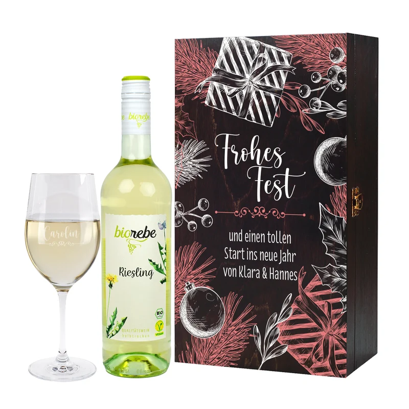Frohes Fest - Biorebe Wein und Weinglas in weihnachtlicher Holzbox | Geschenk zu Weihnachten