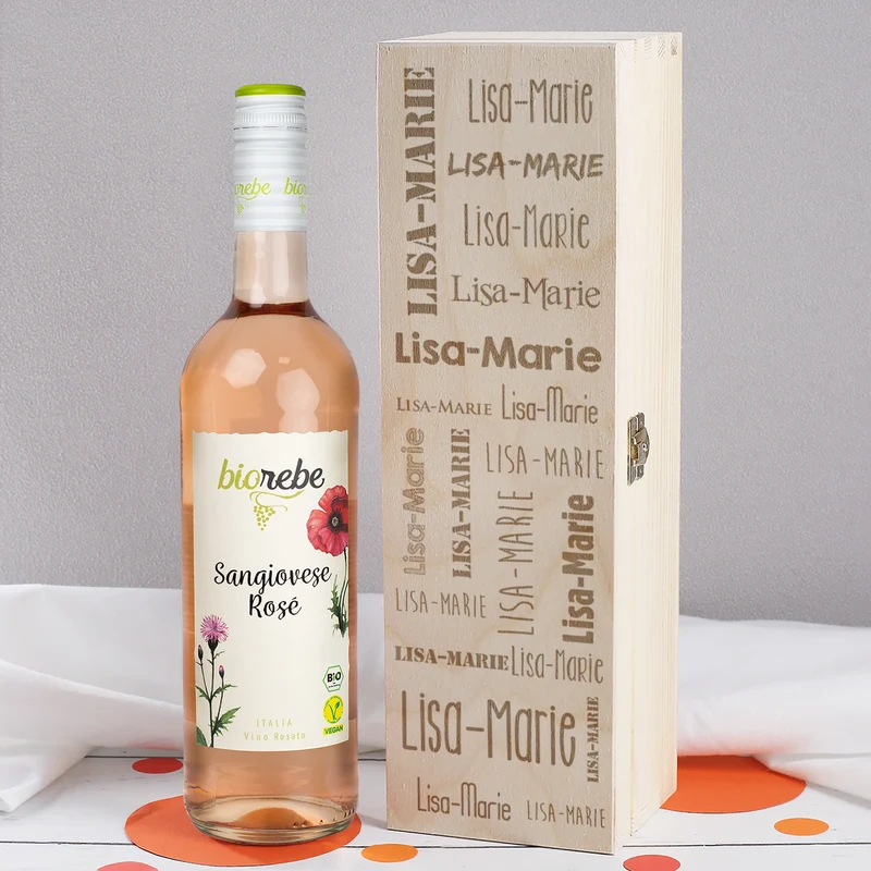 Biorebe Wein in gravierter Holzbox mit Ihrem Wunschnamen | Weißwein, Rotwein, Rosé