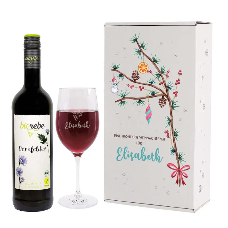 Wein-Geschenkset zu Weihnachten mit Biorebe Wein, Weinglas in festlicher Geschenkbox | 3 Sorten
