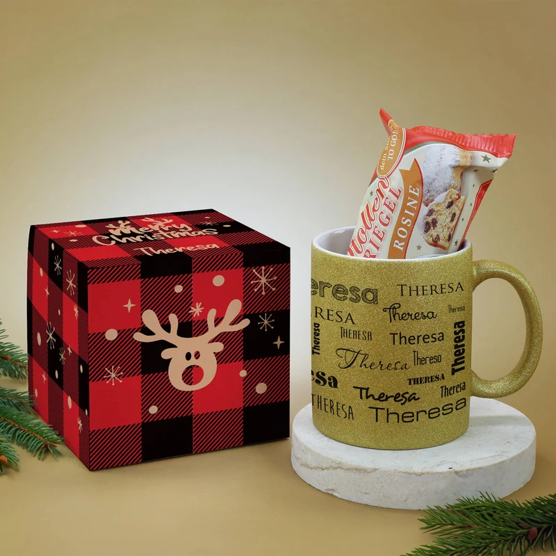Merry Christmas - Personalisiertes Geschenkset mit kleinem Stollen und goldener Glitzertasse