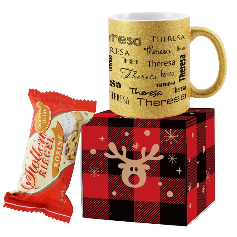 Merry Christmas - Personalisiertes Geschenkset mit kleinem Stollen und goldener Glitzertasse