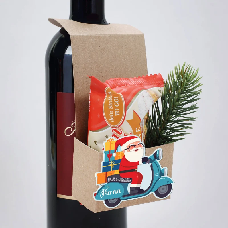Flaschenanhänger mit Stollen oder Nikolaus zu Weihnachten
