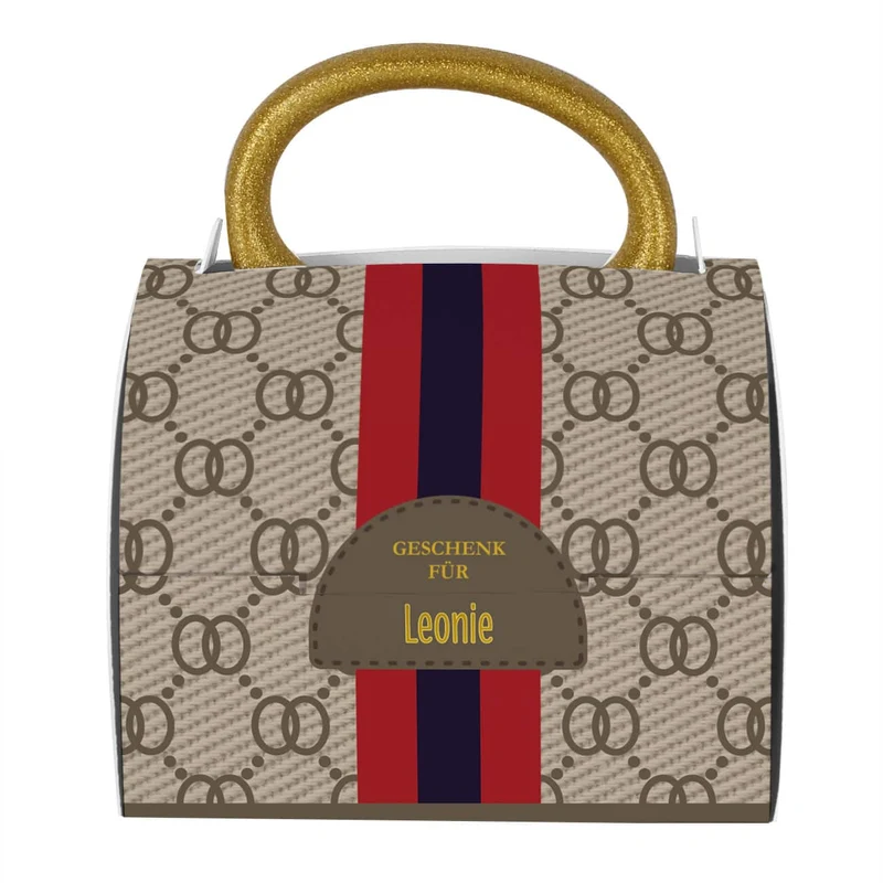Goldtasse "Du bist Gold wert" mit Name in Tassentasche im Designer-Look