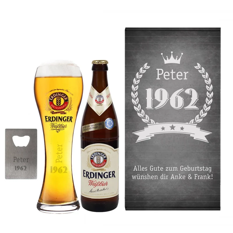 Erdinger Bier-Geschenkset zum Geburtstag mit graviertem Glas, Weißbier und Öffner | Getränk wählbar
