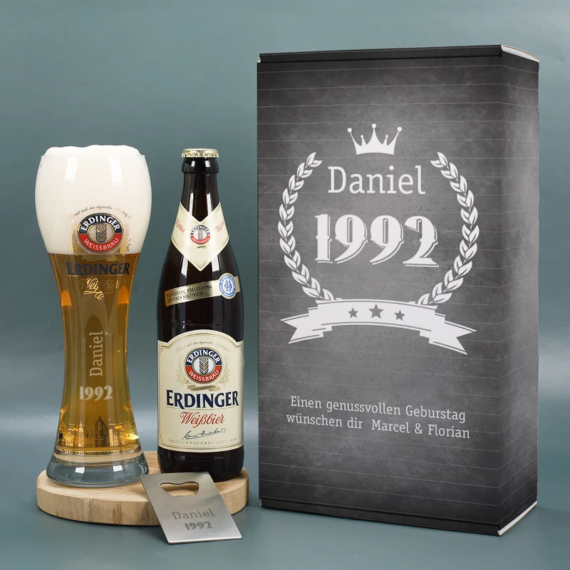 Erdinger Bier-Geschenkset zum Geburtstag mit graviertem Glas, Weißbier und Öffner | Getränk wählbar