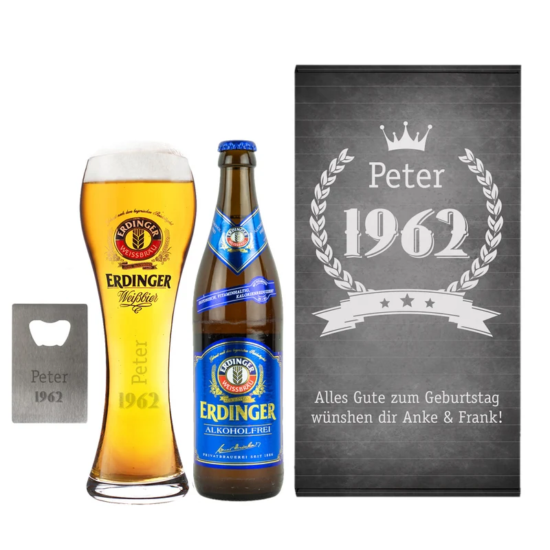 Erdinger Bier-Geschenkset zum Geburtstag mit graviertem Glas, Weißbier und Öffner | Getränk wählbar