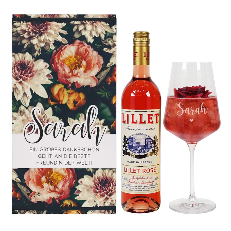 Lillet Geschenkset mit graviertem Weinglas und eleganten Vintage Blumenmotiv