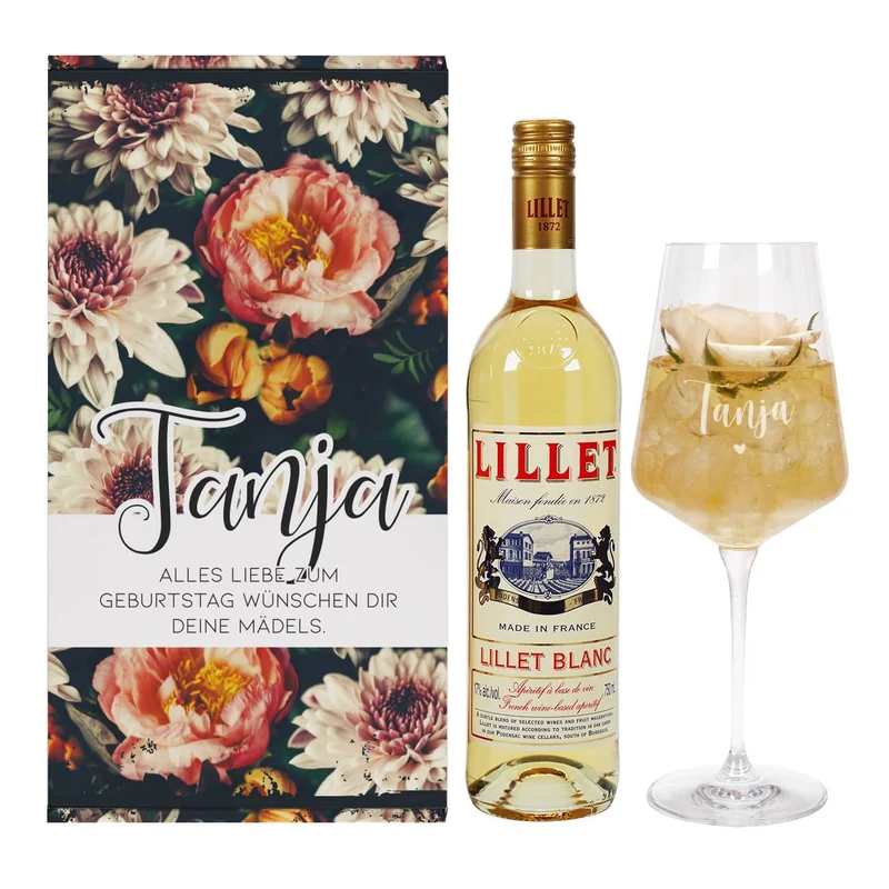 Lillet Geschenkset mit graviertem Weinglas und eleganten Vintage Blumenmotiv