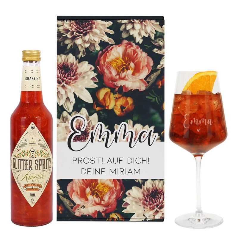 Lillet Geschenkset mit graviertem Weinglas und eleganten Vintage Blumenmotiv