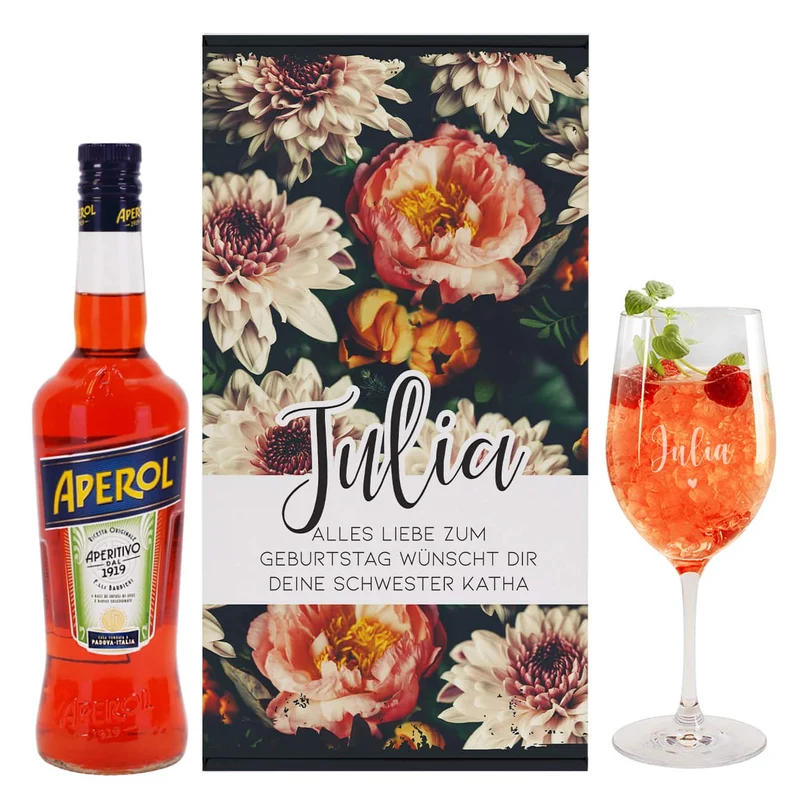 Lillet Geschenkset mit graviertem Weinglas und eleganten Vintage Blumenmotiv