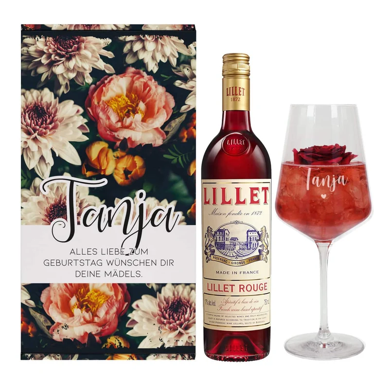 Lillet Geschenkset mit graviertem Weinglas und eleganten Vintage Blumenmotiv