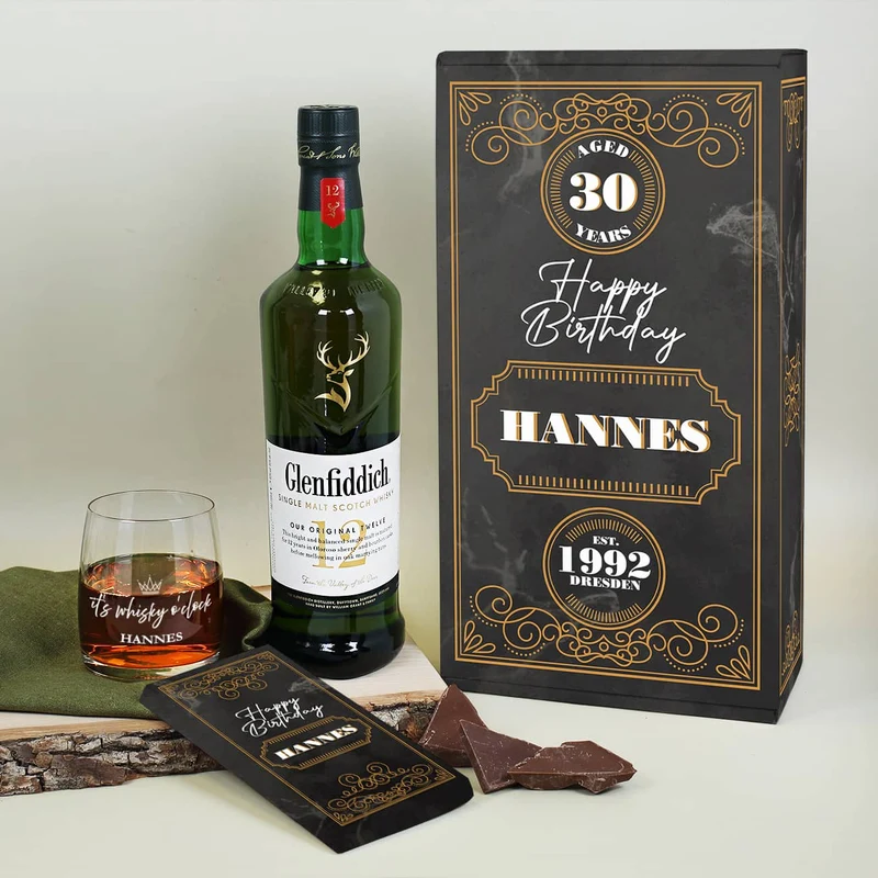 Glenfiddich Geschenkset zum Geburtstag mit Whiskyglas, Schokolade und Box