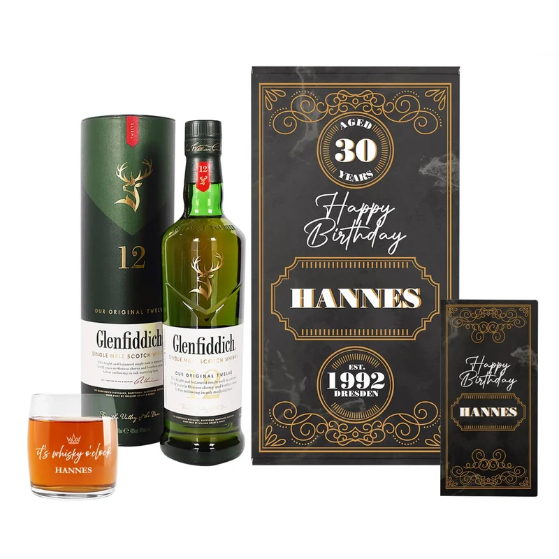 Glenfiddich Geschenkset zum Geburtstag mit Whiskyglas, Schokolade und Box