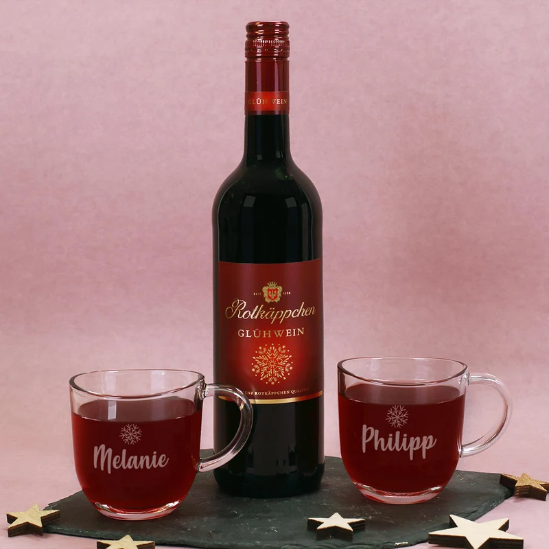 Hüttenzauber - Geschenkset mit Glühwein oder Glühpunsch, zwei Gläsern und Box