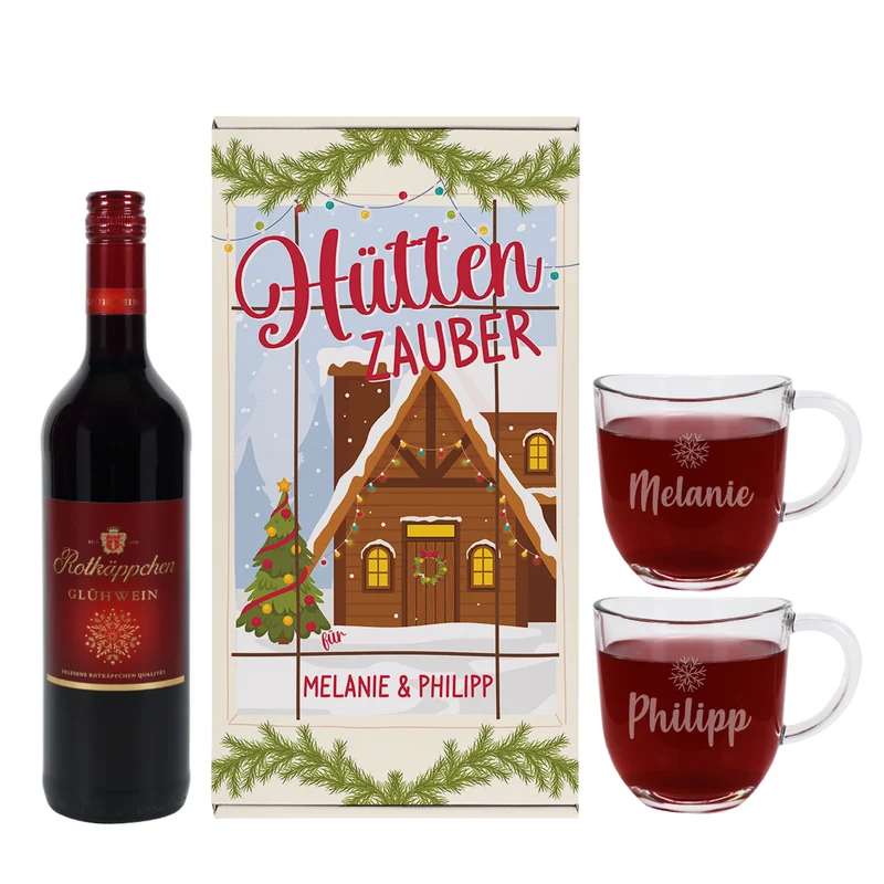 Hüttenzauber - Geschenkset mit Glühwein oder Glühpunsch, zwei Gläsern und Box