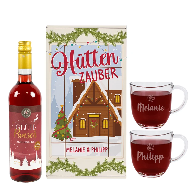Hüttenzauber - Geschenkset mit Glühwein oder Glühpunsch, zwei Gläsern und Box
