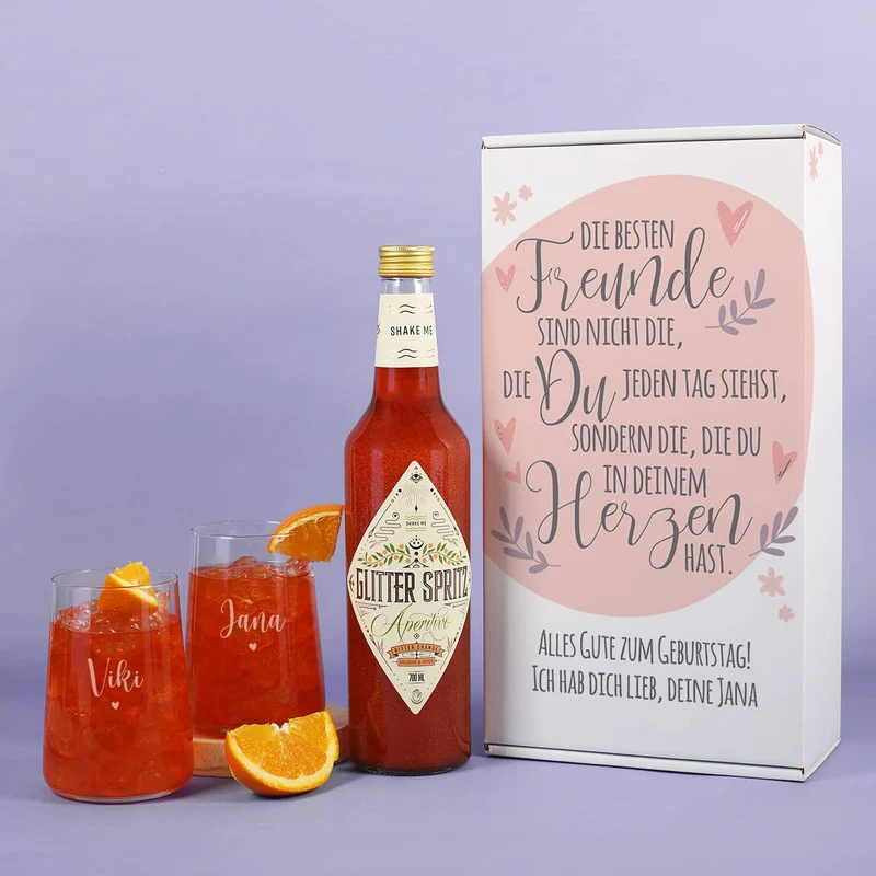 Geschenkset für Freundinnen mit Glitter Spritz oder Campari und zwei Gläsern