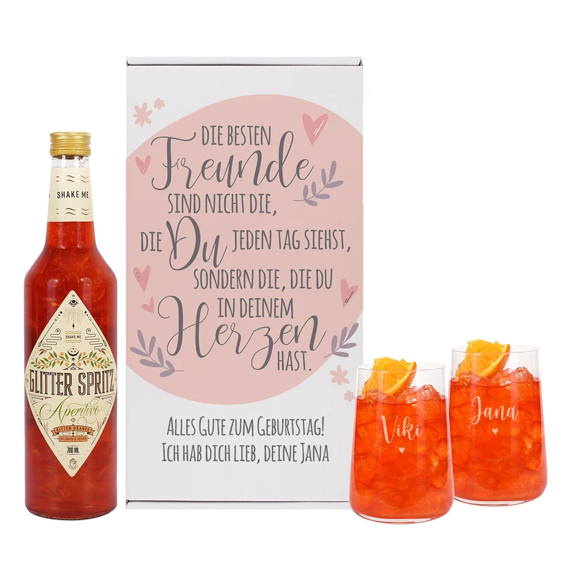 Geschenkset für Freundinnen mit Glitter Spritz oder Campari und zwei Gläsern