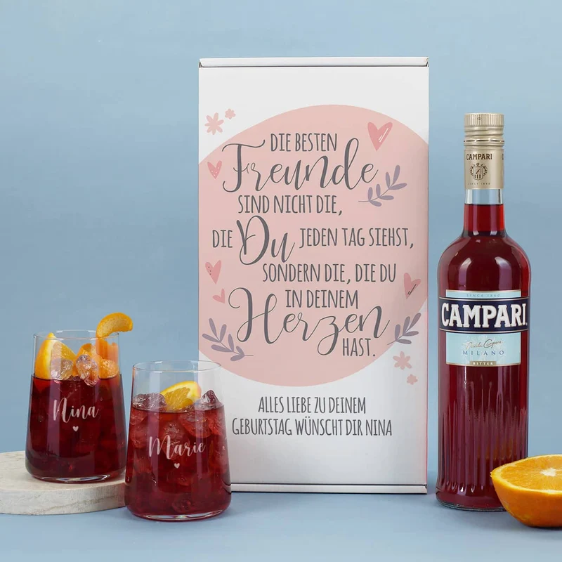 Geschenkset für Freundinnen mit Glitter Spritz oder Campari und zwei Gläsern