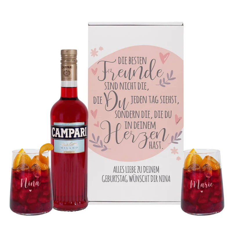 Geschenkset für Freundinnen mit Glitter Spritz oder Campari und zwei Gläsern