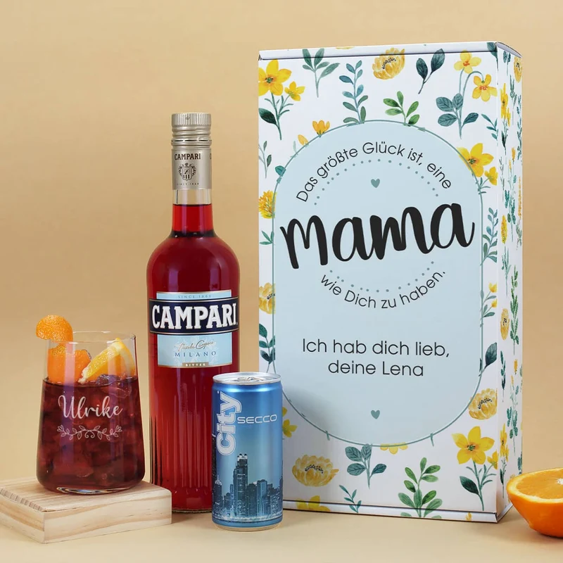 Geschenkset zum Muttertag mit graviertem Glas und blumiger Geschenkverpackung