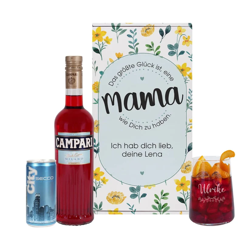 Geschenkset zum Muttertag mit graviertem Glas und blumiger Geschenkverpackung