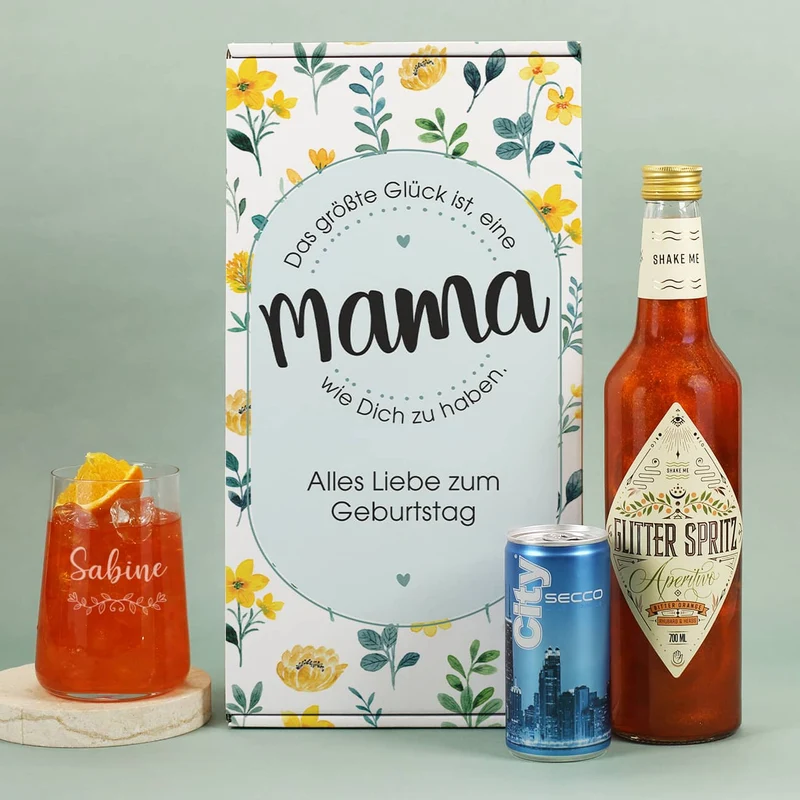 Geschenkset zum Muttertag mit graviertem Glas und blumiger Geschenkverpackung