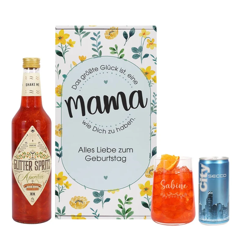 Geschenkset zum Muttertag mit graviertem Glas und blumiger Geschenkverpackung