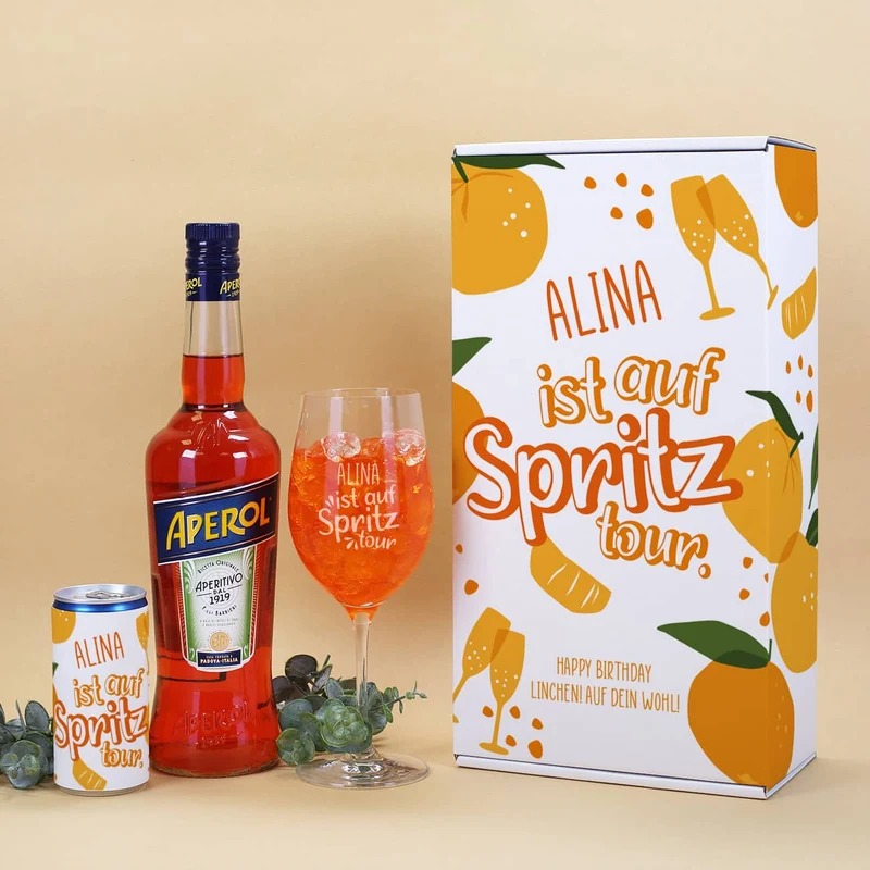 Auf Spritztour - Aperol Geschenkset mit Weinglas, Aperol und Seccodose