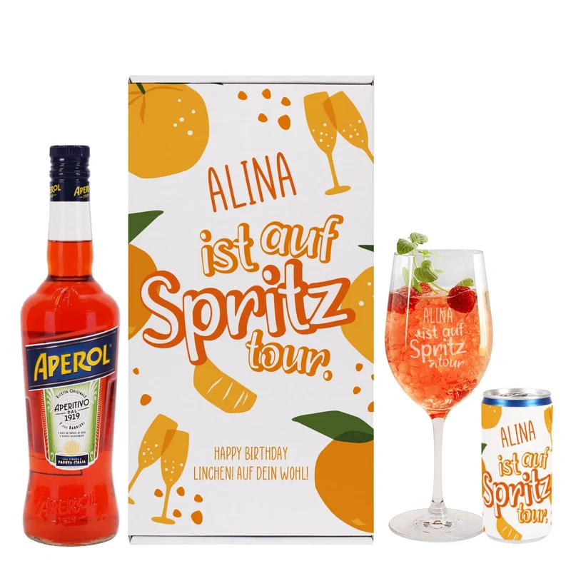 Auf Spritztour - Aperol Geschenkset mit Weinglas, Aperol und Seccodose