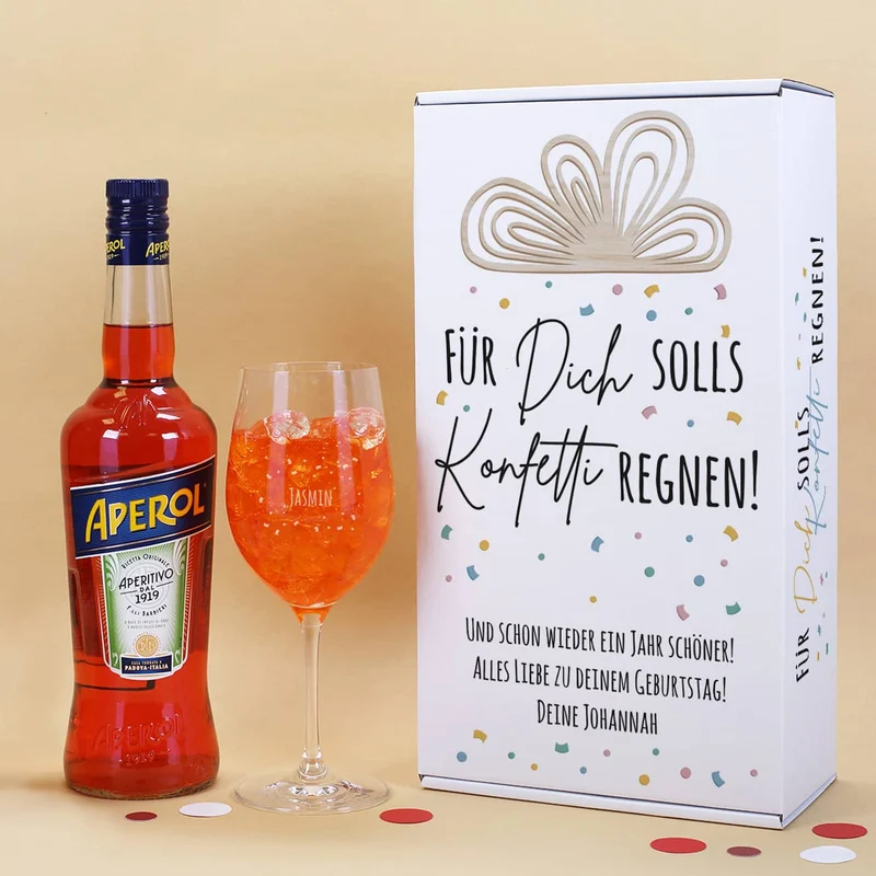 Für Dich solls Konfetti regnen! - Geschenkset zum Geburtstag mit Weinglas und Aperol