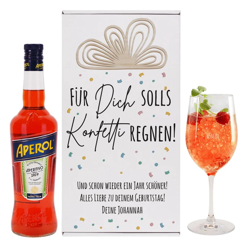 Für Dich solls Konfetti regnen! - Geschenkset zum Geburtstag mit Weinglas und Aperol