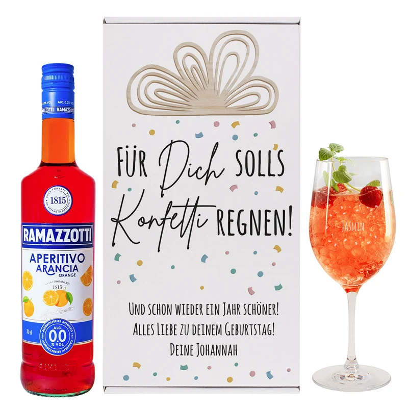 Für Dich solls Konfetti regnen! - Geschenkset zum Geburtstag mit Weinglas und Aperol