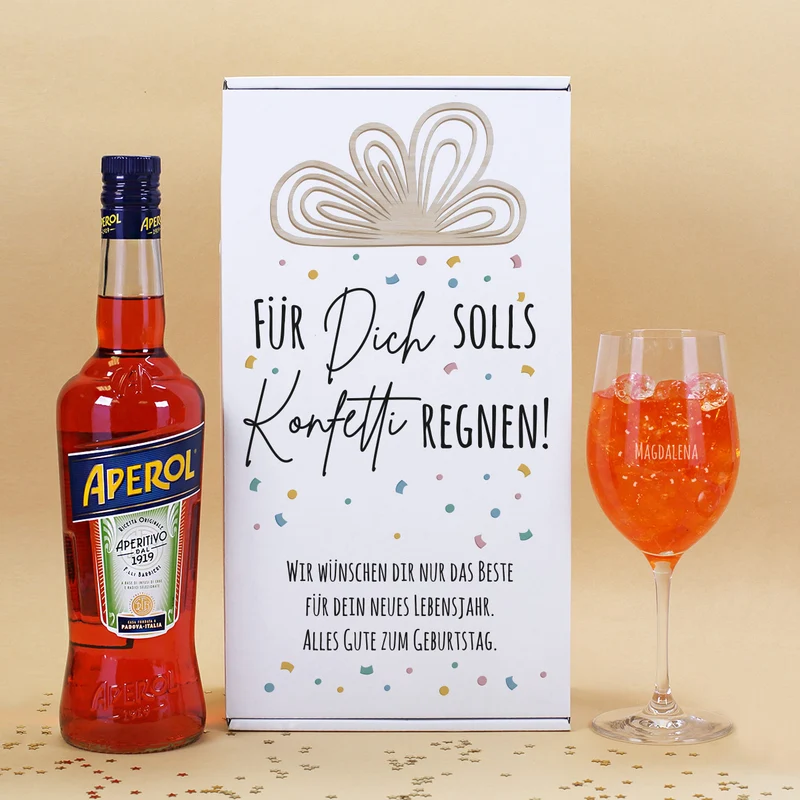Für Dich solls Konfetti regnen! - Geschenkset zum Geburtstag mit Weinglas und Aperol