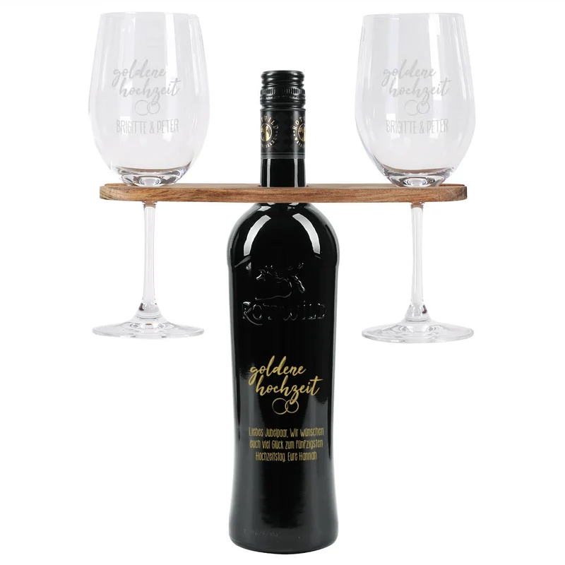 Goldene Hochzeit - Graviertes Geschenkset mit Weinflasche, Weingläsern und Weinbutler